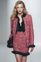 Load image into Gallery viewer, 2 Piece Red Black Grid Pencil Short Tweed Interview Outfits with Ruffles