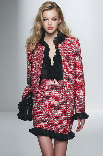 2 Piece Red Black Grid Pencil Short Tweed Interview Outfits with Ruffles