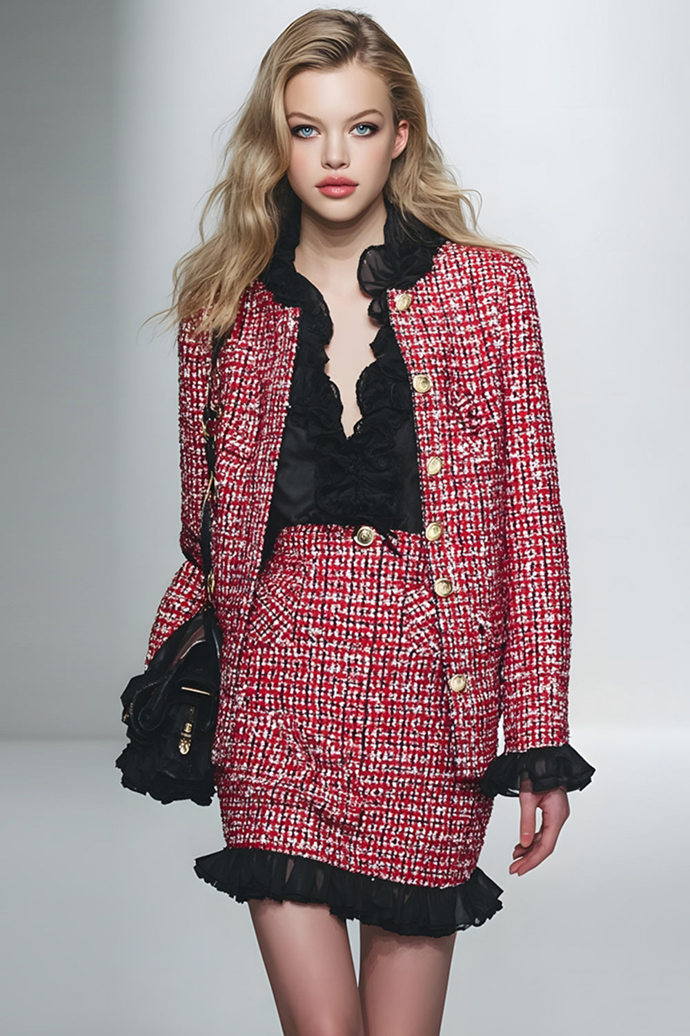 2 Piece Red Black Grid Pencil Short Tweed Interview Outfits with Ruffles