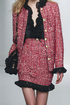 2 Piece Red Black Grid Pencil Short Tweed Interview Outfits with Ruffles