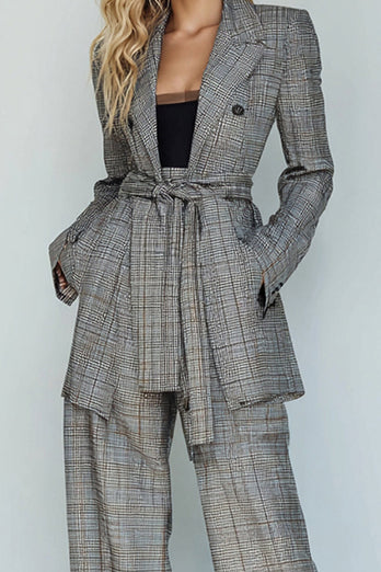 2 Piece Grey Grid Notched Lapel Business Suits with Pockets