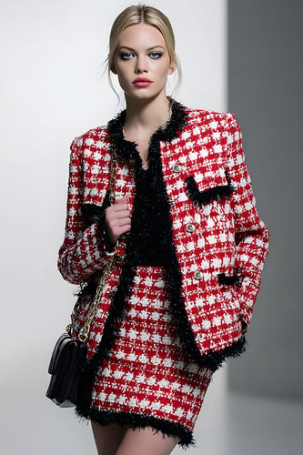 Red Grid 2 Piece Single Breasted Short Tweed Pageant Interview Outfits