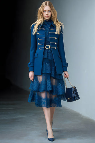 Dark Blue Collar Neck Prom Blazer with Buttons