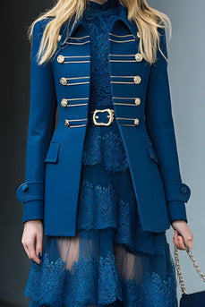 Dark Blue Collar Neck Prom Blazer with Buttons