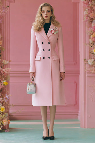 Pink Double Breasted A Line Midi Blazer Dress with Sleeves