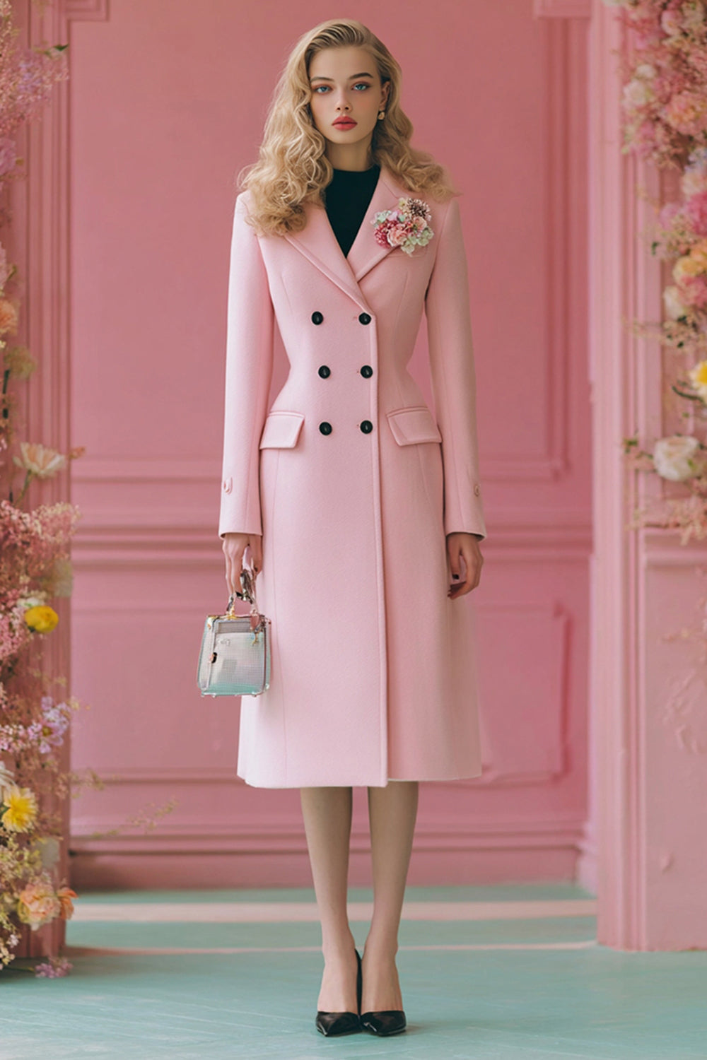 Pink Double Breasted A Line Midi Blazer Dress with Sleeves