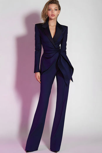 Dark Purple 2 Piece Ruched Fitted Notched Lapel Prom Suits