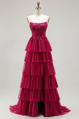 Sparkly Fuchsia Floral Beaded Ruffled Corset Long Prom Dress with Slit