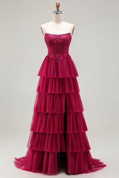 Sparkly Fuchsia Floral Beaded Ruffled Corset Long Prom Dress with Slit