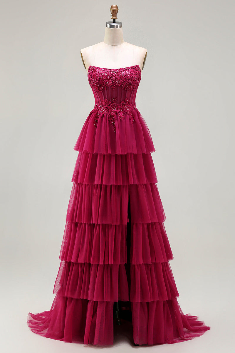 Load image into Gallery viewer, Sparkly Fuchsia Floral Beaded Ruffled Corset Long Prom Dress with Slit