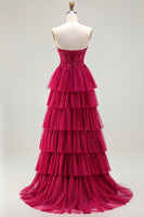 Load image into Gallery viewer, Sparkly Fuchsia Floral Beaded Ruffled Corset Long Prom Dress with Slit
