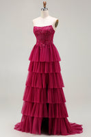 Load image into Gallery viewer, Sparkly Fuchsia Floral Beaded Ruffled Corset Long Prom Dress with Slit