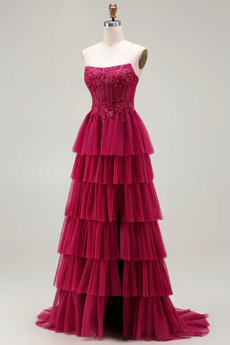 Load image into Gallery viewer, Sparkly Fuchsia Floral Beaded Ruffled Corset Long Prom Dress with Slit