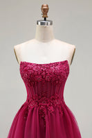 Load image into Gallery viewer, Sparkly Fuchsia Floral Beaded Ruffled Corset Long Prom Dress with Slit