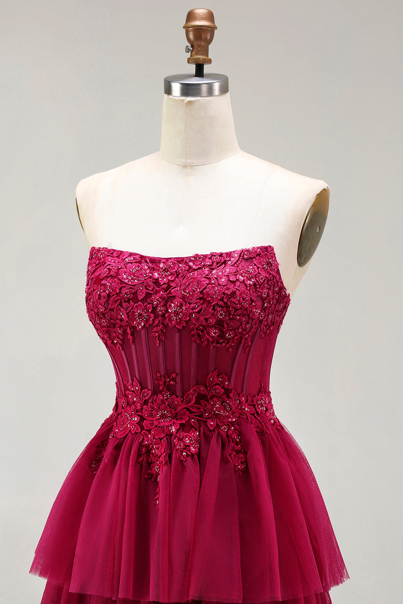 Load image into Gallery viewer, Sparkly Fuchsia Floral Beaded Ruffled Corset Long Prom Dress with Slit