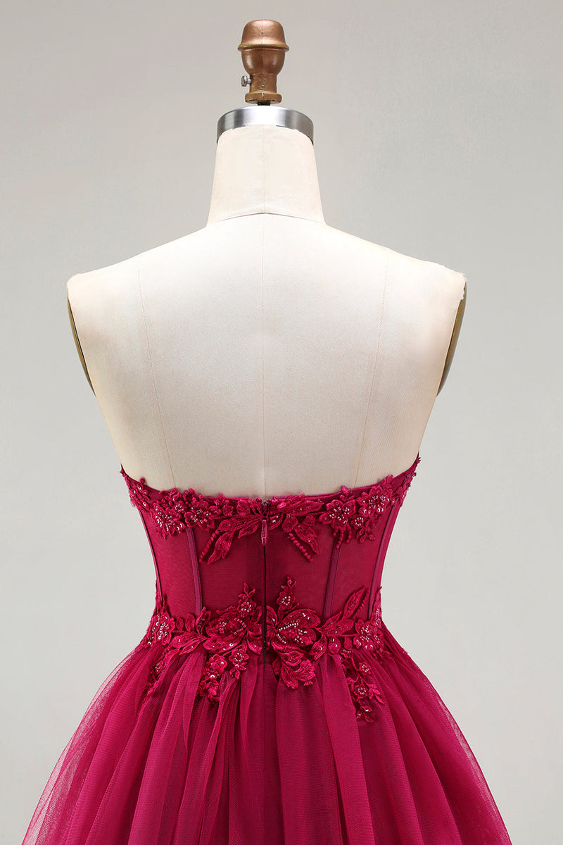Load image into Gallery viewer, Sparkly Fuchsia Floral Beaded Ruffled Corset Long Prom Dress with Slit
