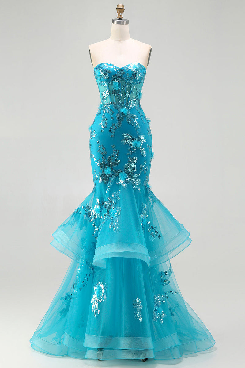 Load image into Gallery viewer, Sparkly Blue Ruffled Sequin Corset Long Mermaid Prom Dress