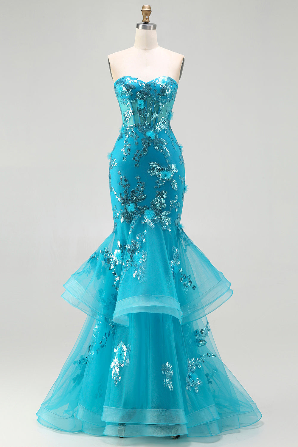 Sparkly Blue Ruffled Sequin Corset Long Mermaid Prom Dress