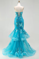 Load image into Gallery viewer, Sparkly Blue Ruffled Sequin Corset Long Mermaid Prom Dress