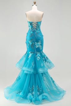 Sparkly Blue Ruffled Sequin Corset Long Mermaid Prom Dress