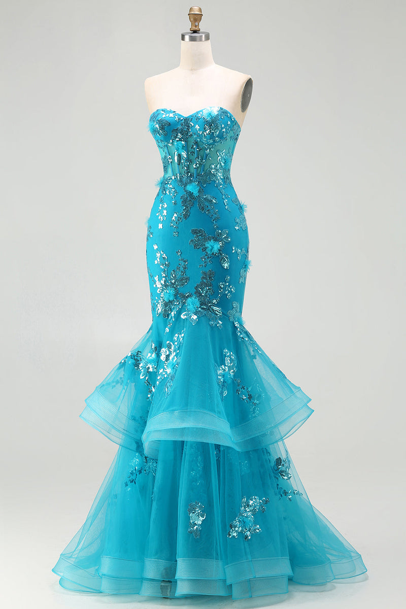 Load image into Gallery viewer, Sparkly Blue Ruffled Sequin Corset Long Mermaid Prom Dress