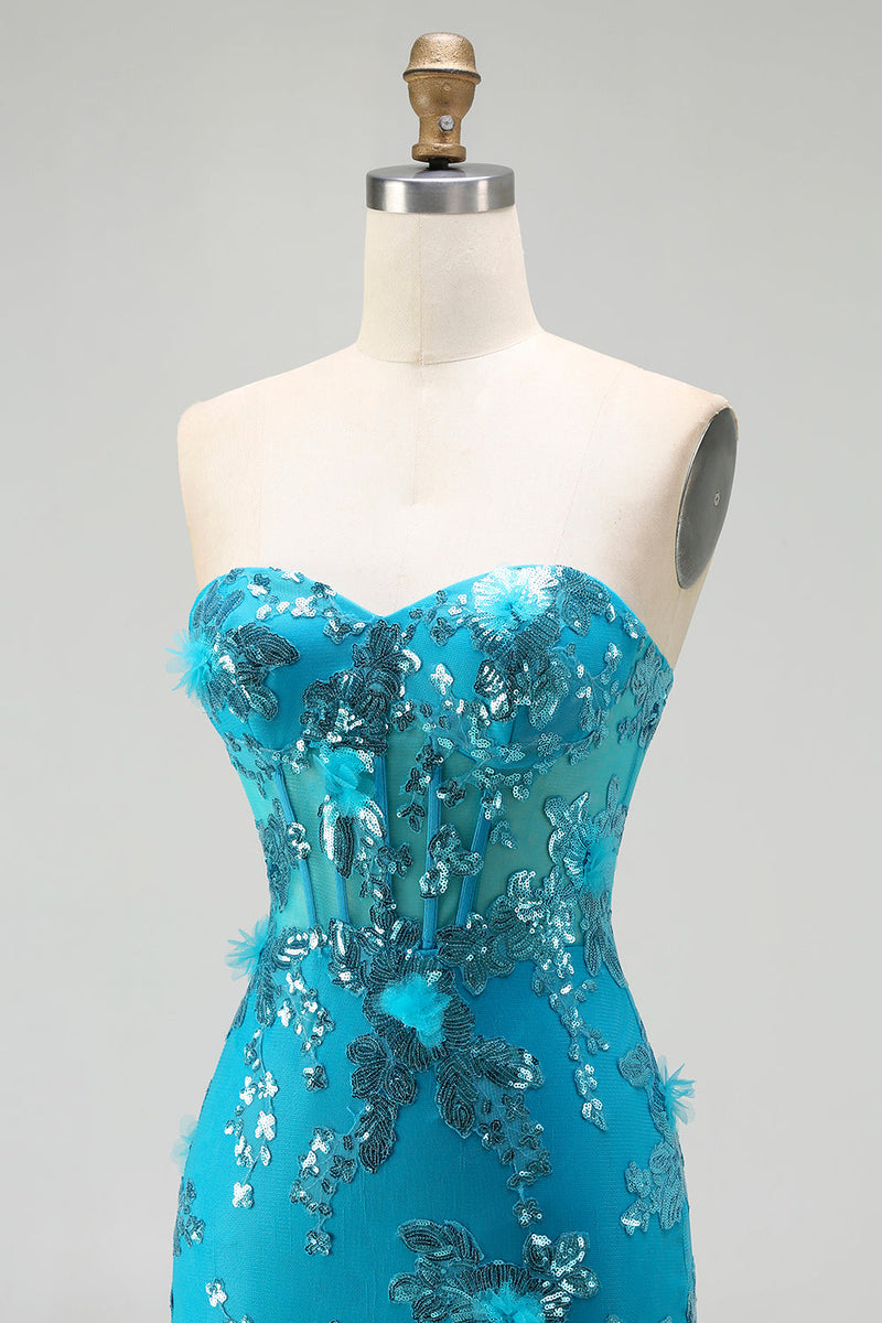 Load image into Gallery viewer, Sparkly Blue Ruffled Sequin Corset Long Mermaid Prom Dress