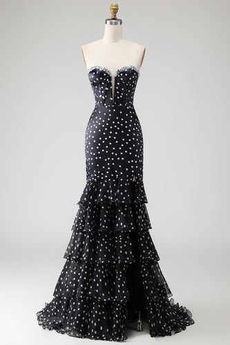 Black and White Ploka Dots Ruffled Corset Mermaid Long Prom Dress