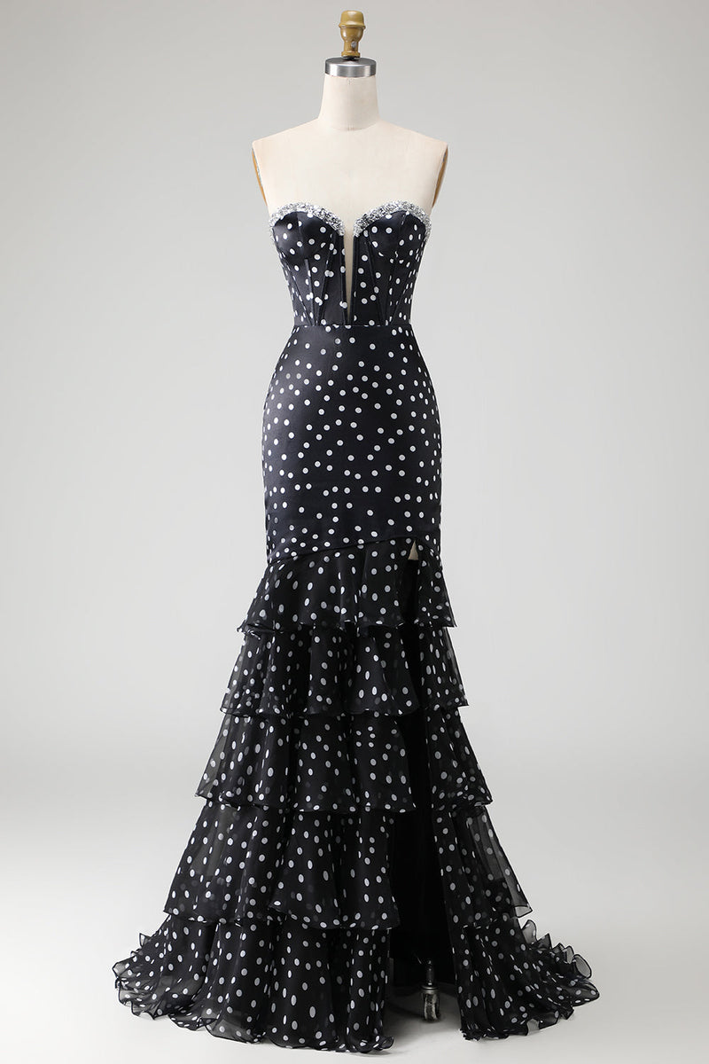 Load image into Gallery viewer, Black and White Ploka Dots Ruffled Corset Mermaid Long Prom Dress