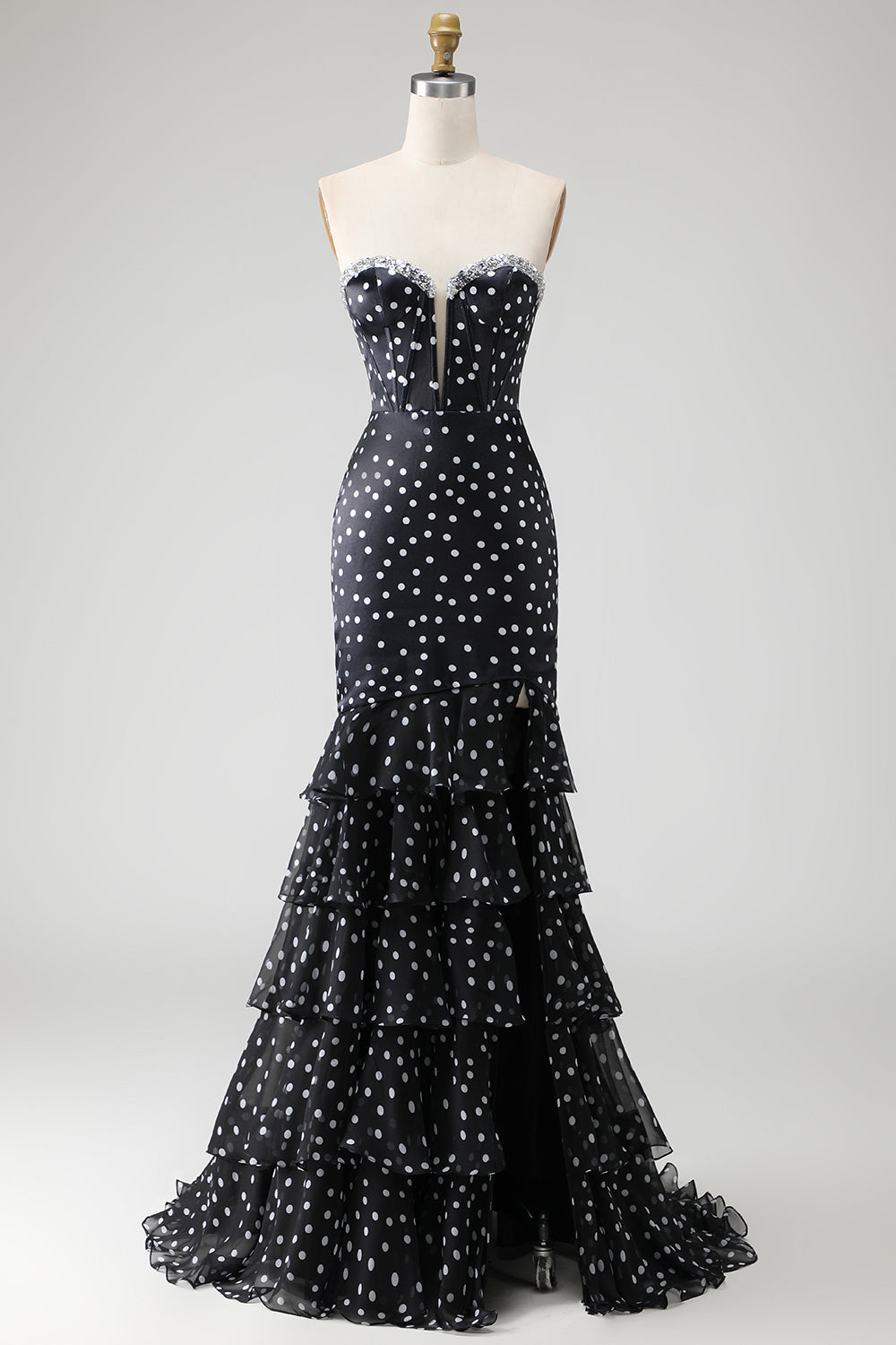 Black and White Ploka Dots Ruffled Corset Mermaid Long Prom Dress