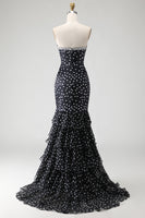 Load image into Gallery viewer, Black and White Ploka Dots Ruffled Corset Mermaid Long Prom Dress