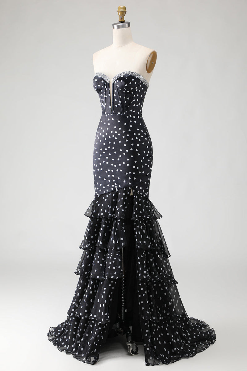 Load image into Gallery viewer, Black and White Ploka Dots Ruffled Corset Mermaid Long Prom Dress