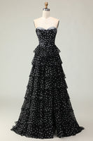 Load image into Gallery viewer, Sparkly Black and White Ruffled Polka Dots Corset Long Prom Dress