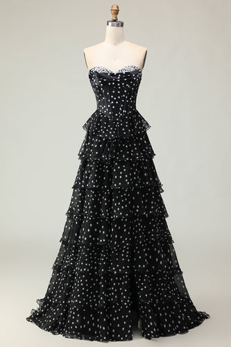 Sparkly Black and White Ruffled Polka Dots Corset Long Prom Dress