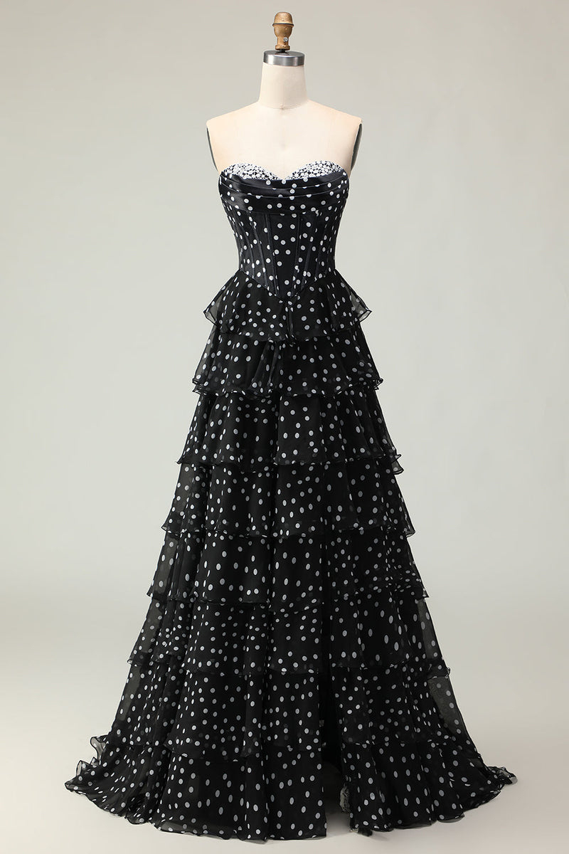Load image into Gallery viewer, Sparkly Black and White Ruffled Polka Dots Corset Long Prom Dress