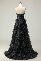 Load image into Gallery viewer, Sparkly Black and White Ruffled Polka Dots Corset Long Prom Dress