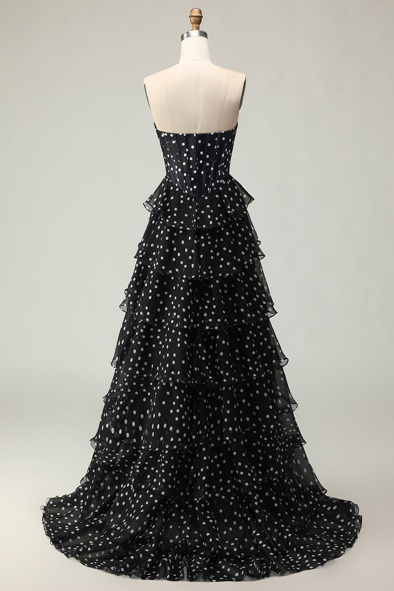 Load image into Gallery viewer, Sparkly Black and White Ruffled Polka Dots Corset Long Prom Dress