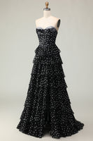 Load image into Gallery viewer, Sparkly Black and White Ruffled Polka Dots Corset Long Prom Dress