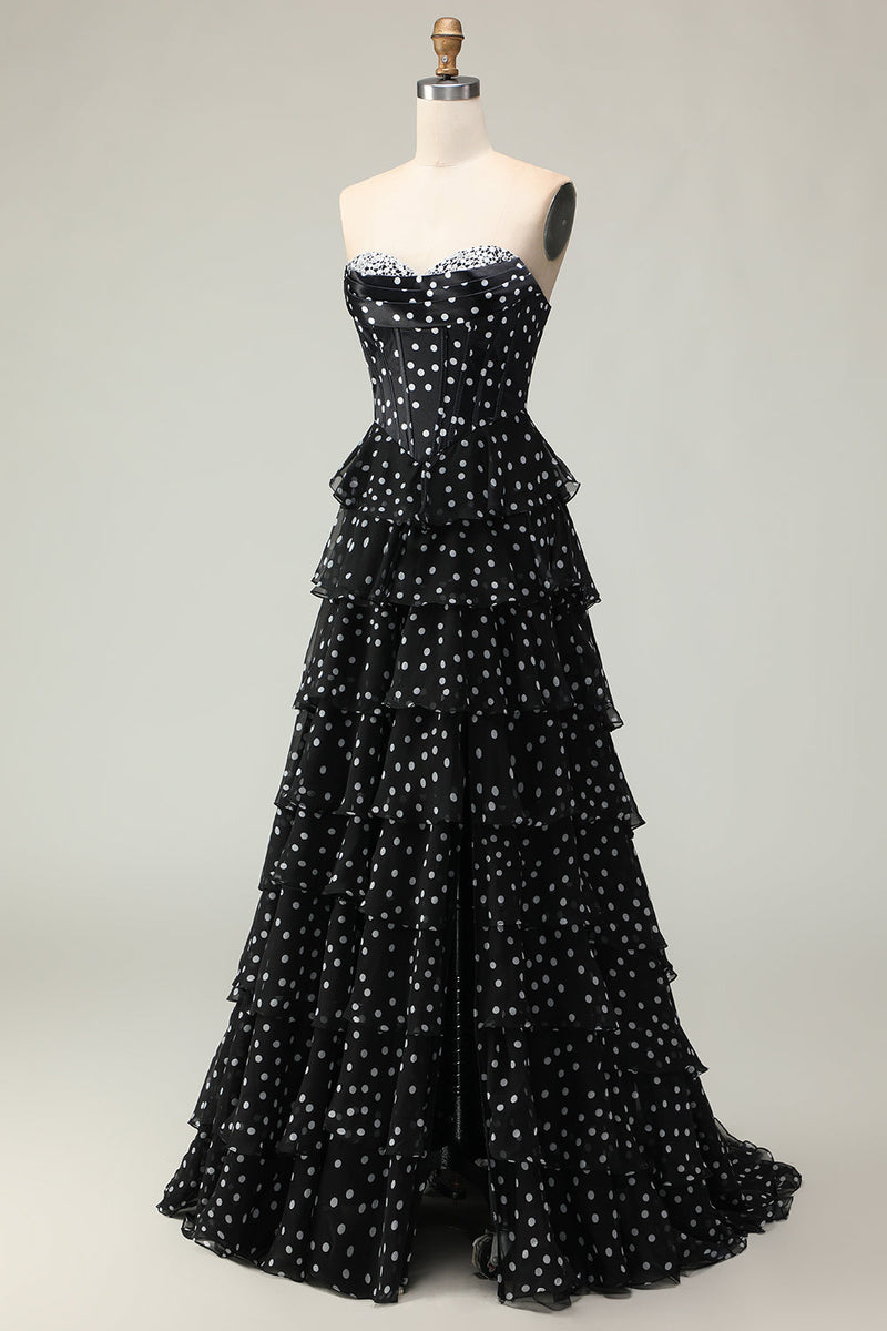 Load image into Gallery viewer, Sparkly Black and White Ruffled Polka Dots Corset Long Prom Dress
