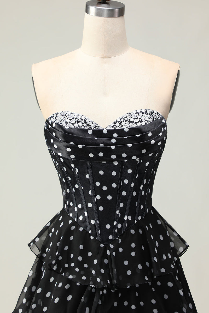 Load image into Gallery viewer, Sparkly Black and White Ruffled Polka Dots Corset Long Prom Dress