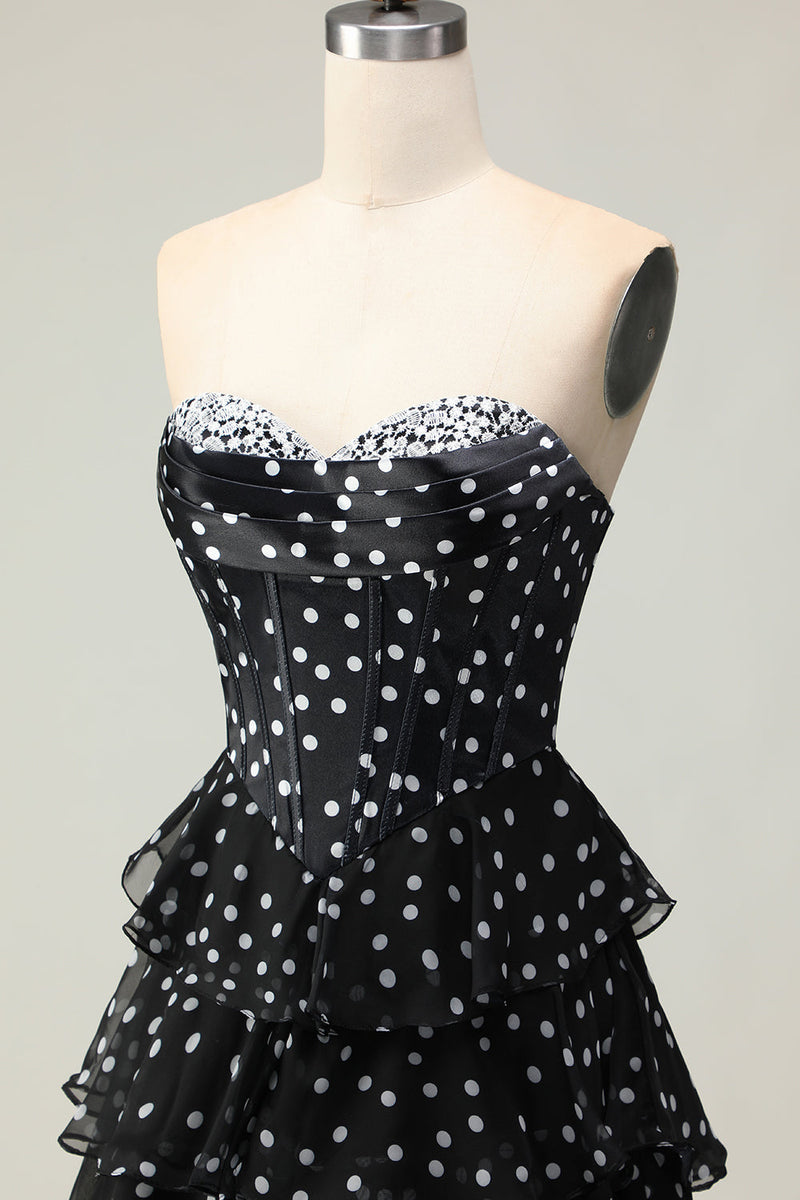Load image into Gallery viewer, Sparkly Black and White Ruffled Polka Dots Corset Long Prom Dress
