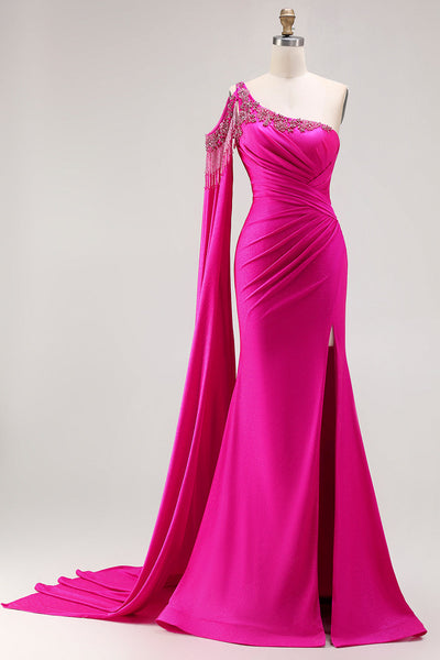 Sparkly Fuchsia Mermaid Long Beaded Prom Dress with Slit