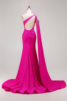 Sparkly Fuchsia Mermaid Long Beaded Prom Dress with Slit