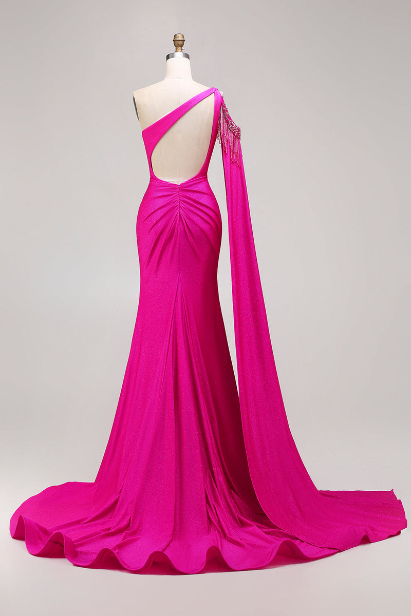 Load image into Gallery viewer, Sparkly Fuchsia Mermaid Long Beaded Prom Dress with Slit