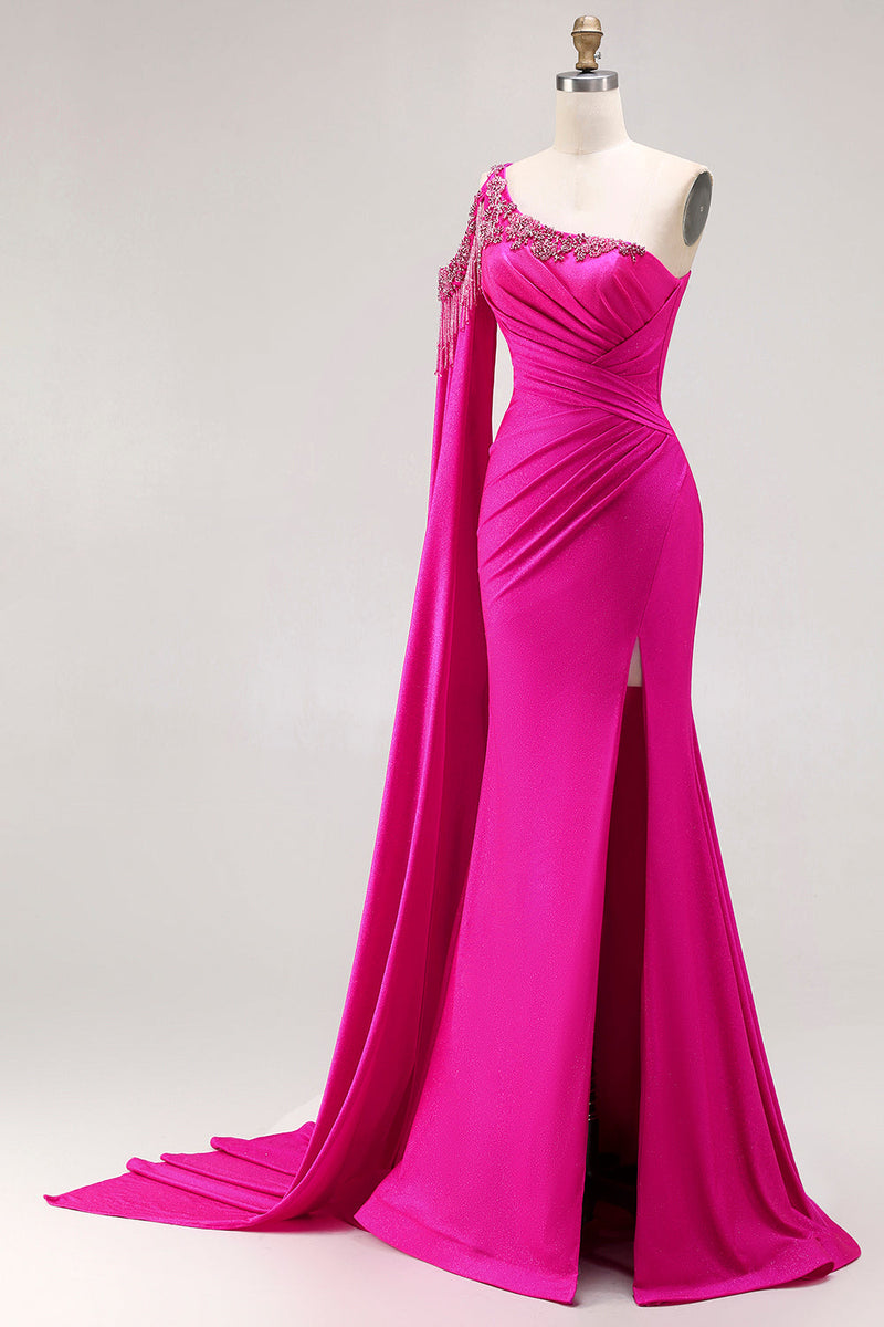 Load image into Gallery viewer, Sparkly Fuchsia Mermaid Long Beaded Prom Dress with Slit