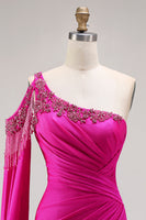 Load image into Gallery viewer, Sparkly Fuchsia Mermaid Long Beaded Prom Dress with Slit