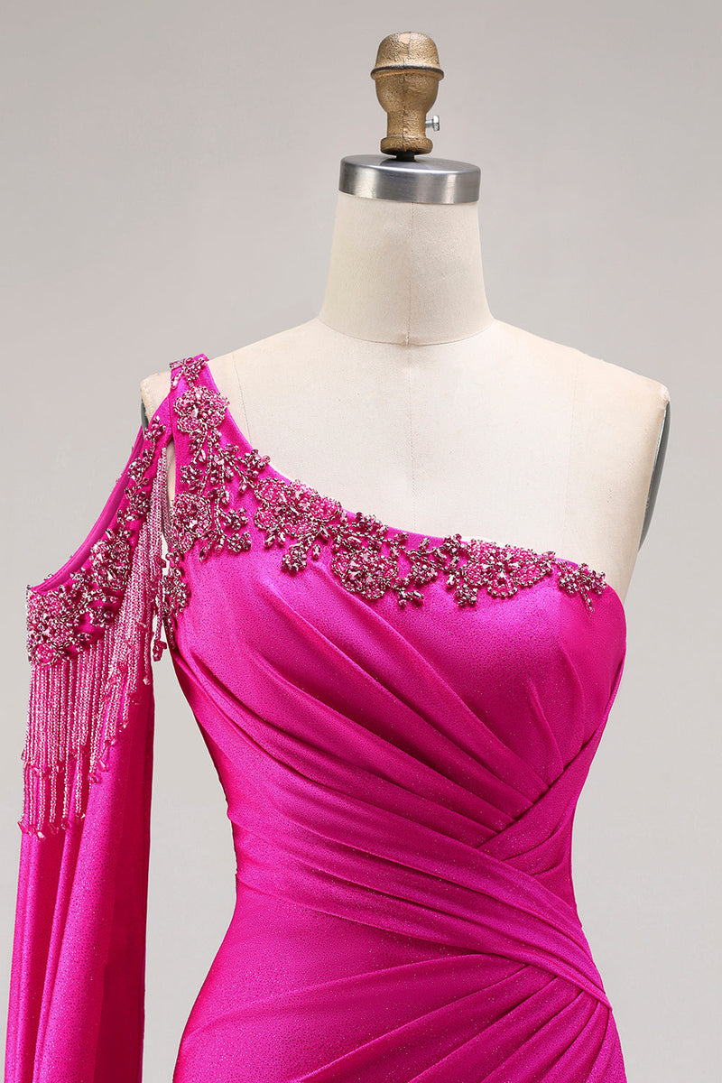 Load image into Gallery viewer, Sparkly Fuchsia Mermaid Long Beaded Prom Dress with Slit
