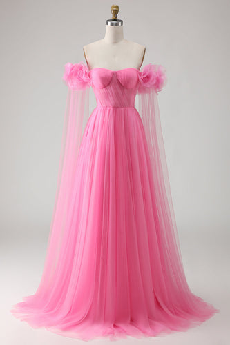 Hot Pink Tulle Off the Shoulder Long Prom Dress with 3D Flowers
