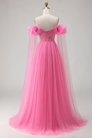 Load image into Gallery viewer, Hot Pink Tulle Off the Shoulder Long Prom Dress with 3D Flowers