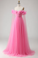 Load image into Gallery viewer, Hot Pink Tulle Off the Shoulder Long Prom Dress with 3D Flowers