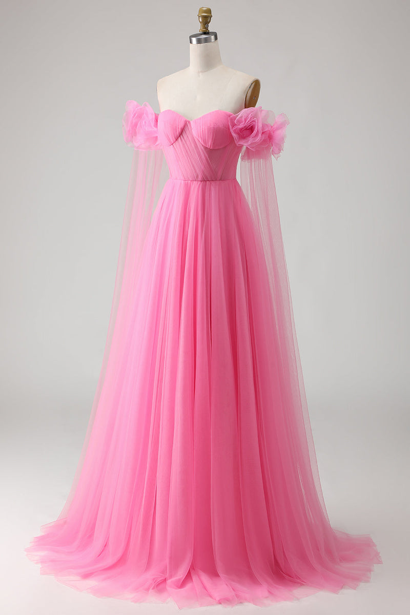 Load image into Gallery viewer, Hot Pink Tulle Off the Shoulder Long Prom Dress with 3D Flowers